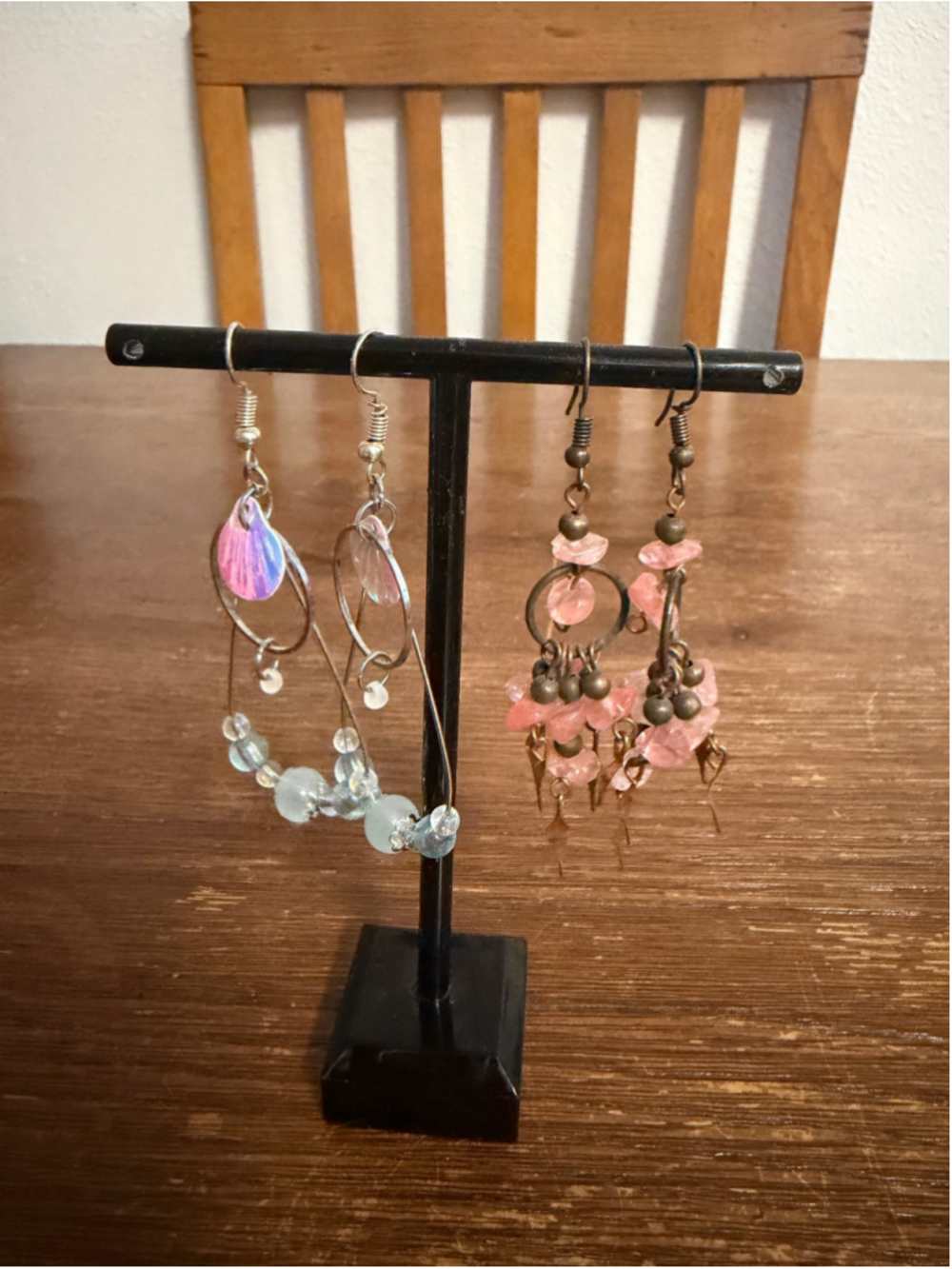 2 Pair Artisan Boho Dangle Earrings Pink Aqua Beaded Chandelier Statement Lot